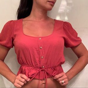 PacSun Rust Crop Peasant Top with Drawstring